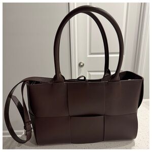Chocolate Brown Woven Leather Tote with Dual Handles